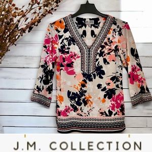 JM COLLECTION MACY'S FLORAL EMBELLISHED BLOUSE. PETITE SMALL VERY GOOD CONDITION